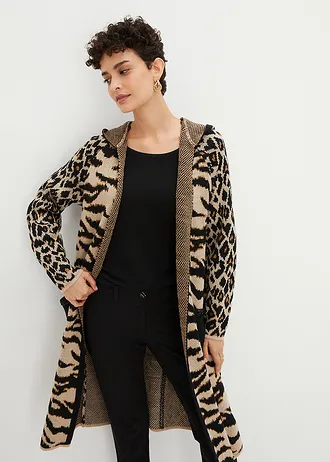 Lang gebreid vest met pailletten en capuchon, Kleur: luipaardprint