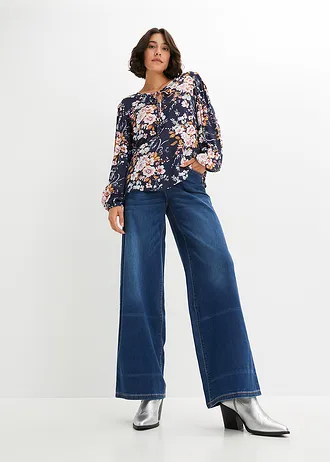 Gedessineerde blouse van viscose, Kleur: donkerblauw gebloemd