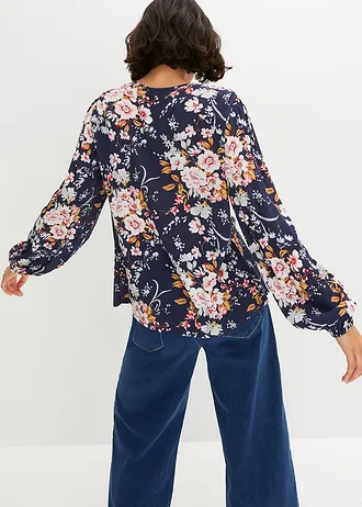 Gedessineerde blouse van viscose, Kleur: donkerblauw gebloemd