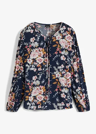 Gedessineerde blouse van viscose, Kleur: donkerblauw gebloemd