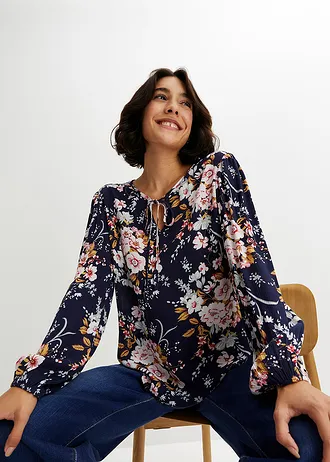 Gedessineerde blouse van viscose, Kleur: donkerblauw gebloemd