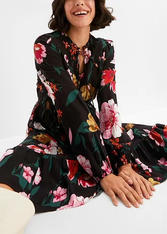 Midi šaty ze splývavé viskózy • černá s květy • bonprix obchod