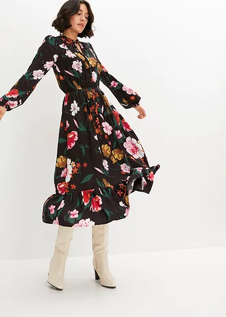 Midi jurk van soepele viscose, Kleur: zwart gebloemd