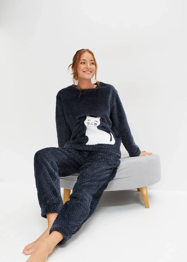 Huispak van fleece met een gebreid patroon en applicatie (2-dlg.) • nachtblauw • product-page.page-title-suffix