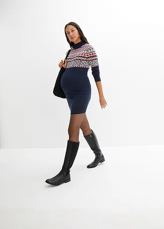 Pletené těhotenské šaty, barva: tmavě modrá s norským vzorem