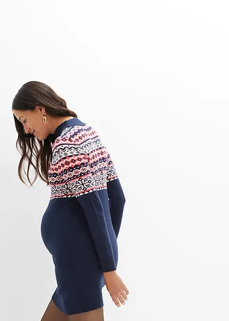 Pletené těhotenské šaty, barva: tmavě modrá s norským vzorem