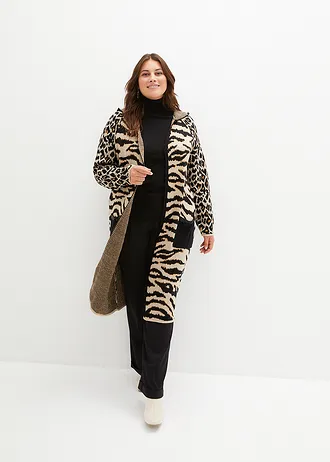 Lang gebreid vest met pailletten en capuchon, Kleur: luipaardprint