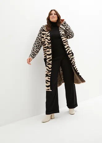 Lang gebreid vest met pailletten en capuchon, Kleur: luipaardprint