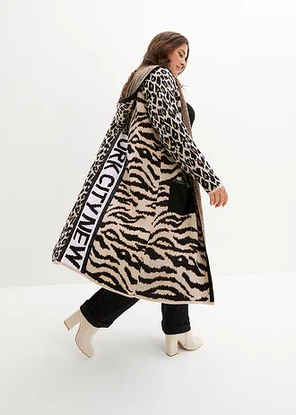 Lang gebreid vest met pailletten en capuchon, Kleur: luipaardprint