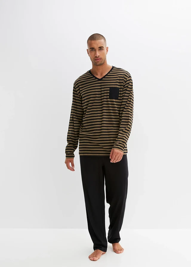 Pyjama van katoen met lange mouwen • donkerolijfgroen/zwart gestreept • product-page.page-title-suffix