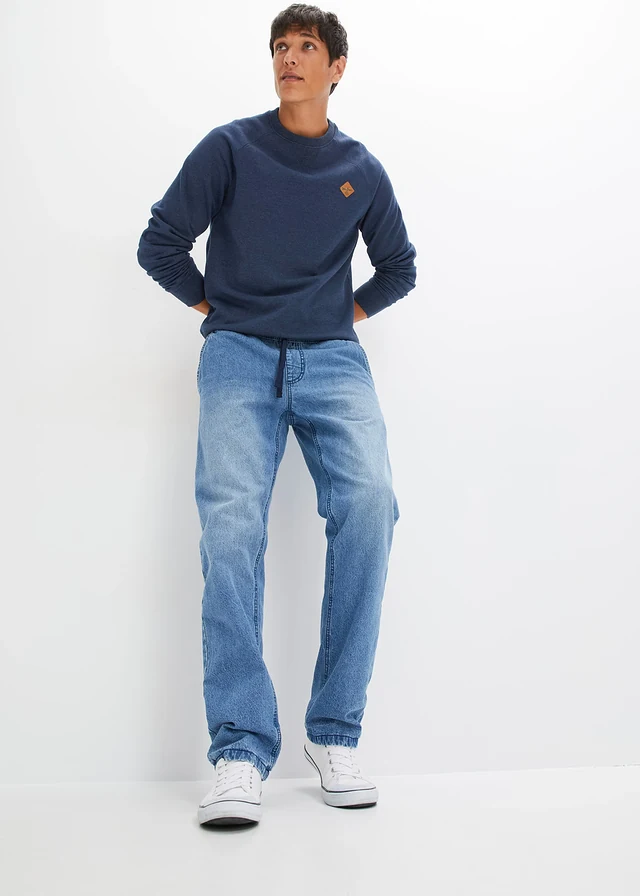 Jean jogger avec doublure thermique en flanelle, droit, Couleur: medium bleu bleached/bleu foncé