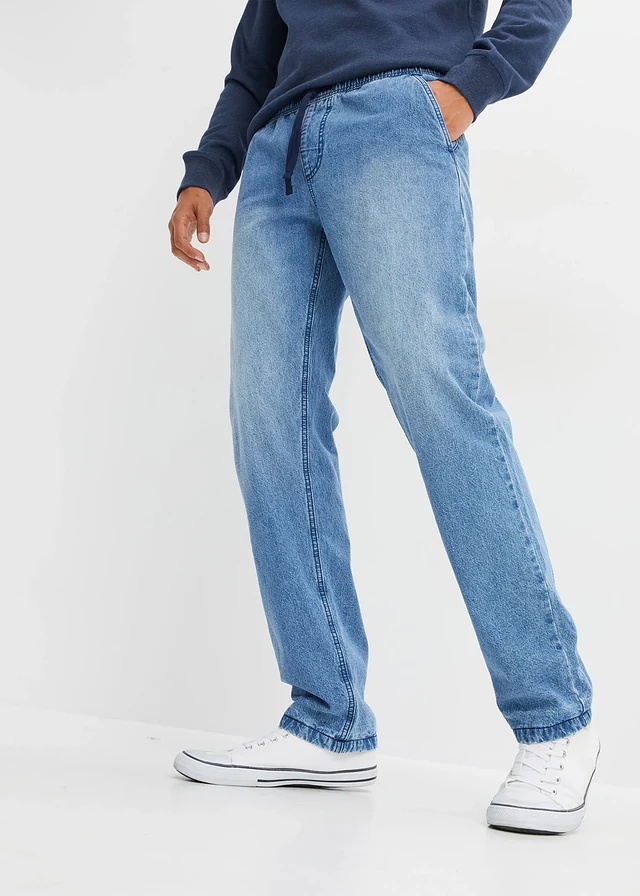 Jean jogger avec doublure thermique en flanelle, droit, Couleur: medium bleu bleached/bleu foncé