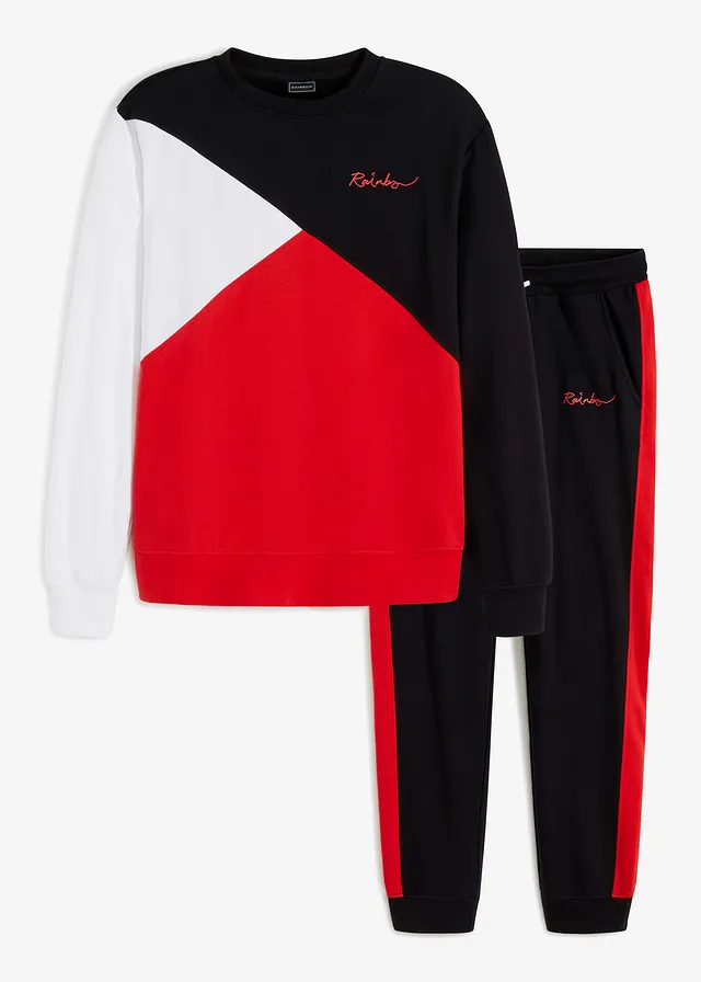 Joggingpak (2-dlg. set), Kleur: zwart-wit-aardbeirood