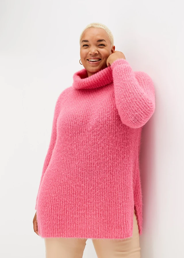 Pull col roulé oversize, Couleur: rose vif