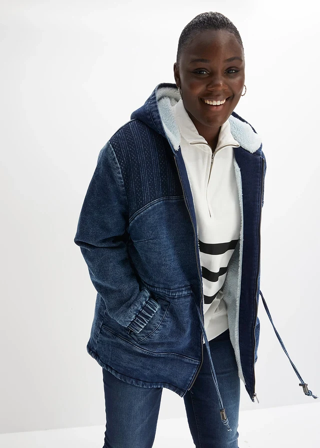 Parka en jean avec maille peluche, Couleur: bleu foncé denim