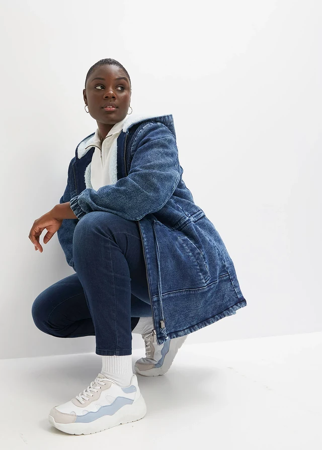Parka en jean avec maille peluche, Couleur: bleu foncé denim