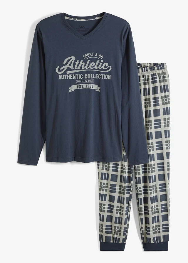 Pyjama manches longues 100% coton, Couleur: gris neutre-bleu nuit-blanc-anthracite carreaux