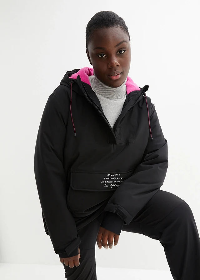 waterdichte outdoor instap ski-jas met fleece voering, oversized, Kleur: zwart