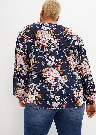 Gedessineerde blouse van viscose, Kleur: donkerblauw gebloemd