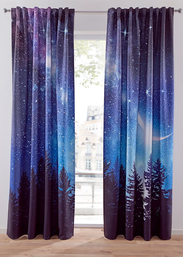 Verduisterend gordijn met sterrenhemel (set van 2), Kleur: donkerblauw