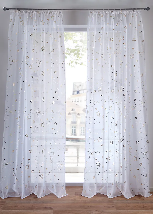 Transparant gordijn met glanzende print (1 stuk) • wit-goudkleur • bonprix online shop