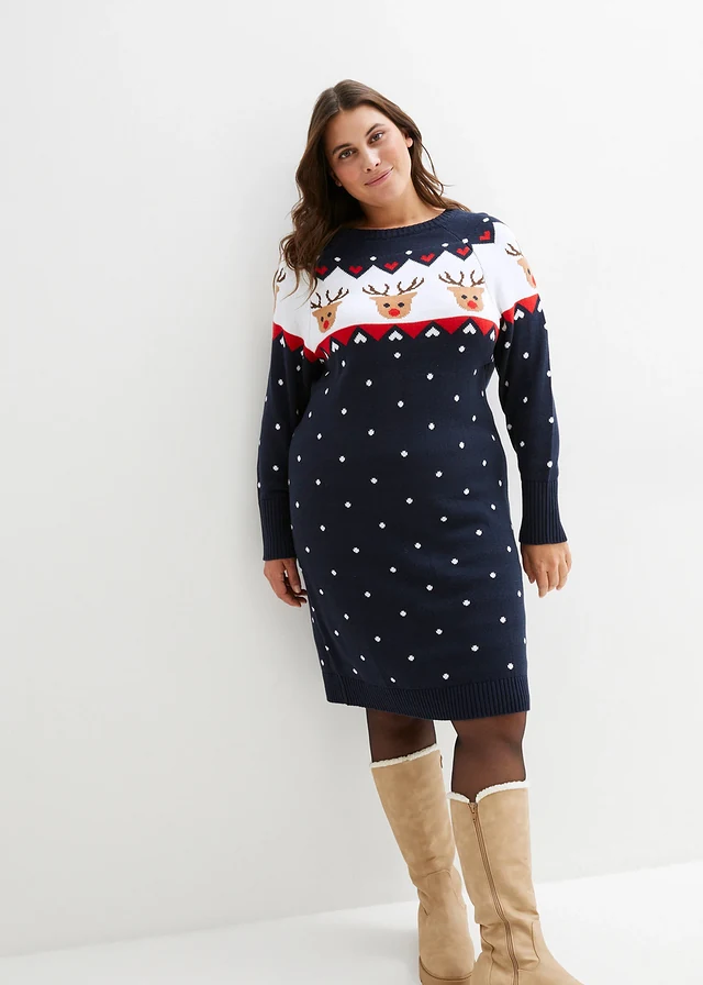 Robe de Noël en maille renne • bleu foncé plus size • Boutique bonprix