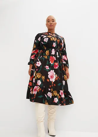 Robe midi en viscose fluide, Couleur: noir floral