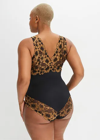 Body bez kostic, s květinovou krajkou, barva: černo-zlatohnědá