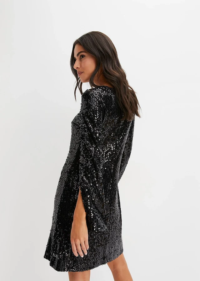 Paillettenjurk met trompetmouwen, Kleur: zwart