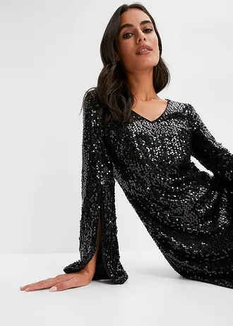 Šaty s pajetkami, s trumpetovými rukávy • černá • bonprix obchod