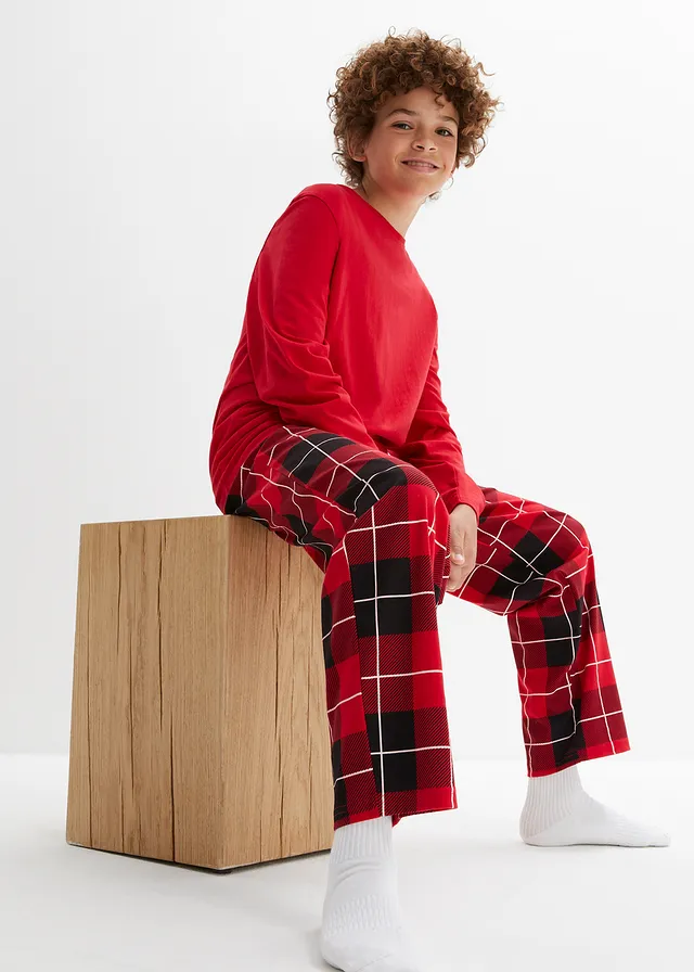 Kinder pyjama van biologisch katoen (3-dlg. set), Kleur: rood-zwart-wit geruit