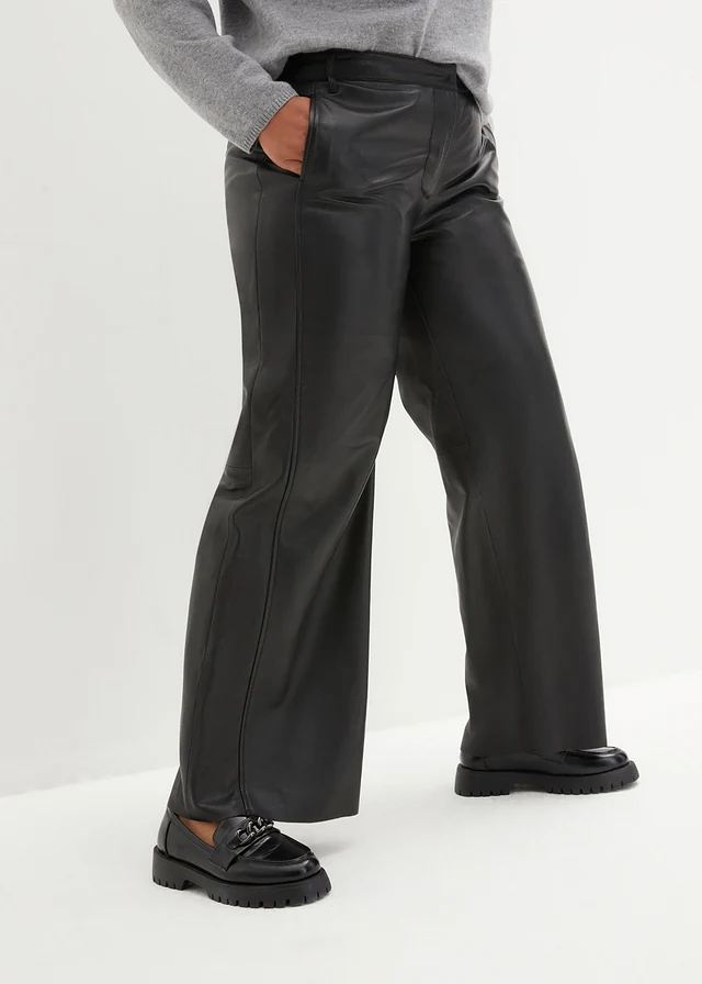 Pantalon large en cuir d’agneau nappa, Couleur: noir