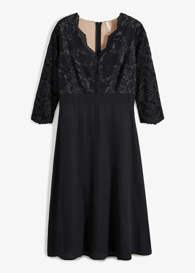 Chiffon midi jurk met kant • zwart • bonprix online shop