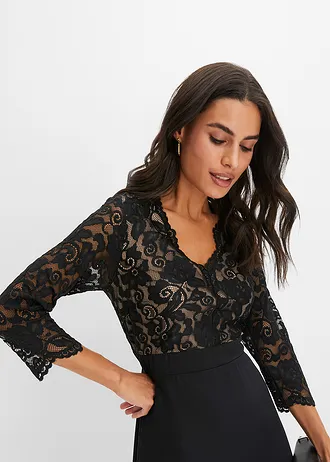 Chiffon midi jurk met kant • zwart • bonprix online shop