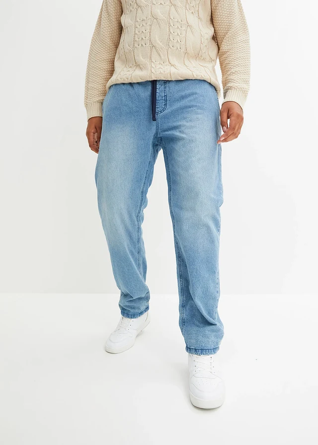Jean jogger avec doublure thermique en flanelle, droit, Couleur: medium bleu bleached/bleu foncé