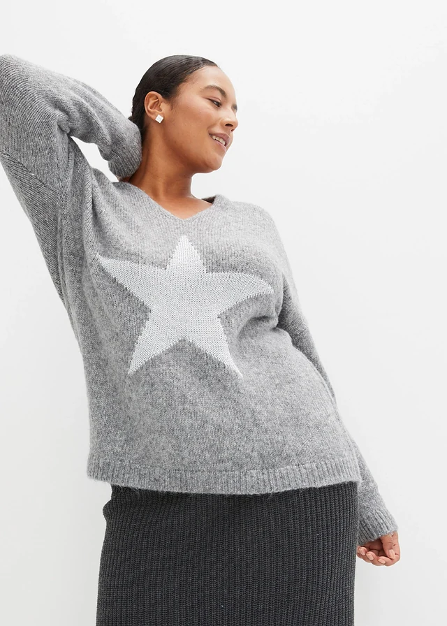 Pull motif étoile, Couleur: gris chiné