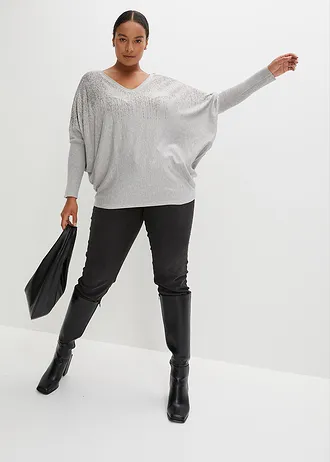 Pull en fine maille avec strass, Couleur: gris clair chiné