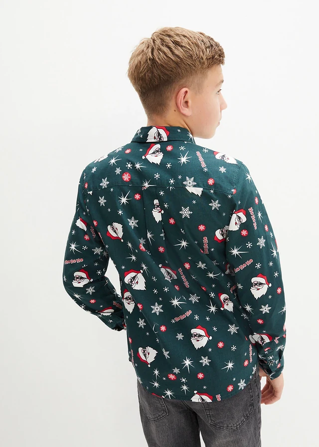 Hosszú ujjú ing fiúknak, karácsonyi motívummal, Slim Fit, szín: mélyzöld