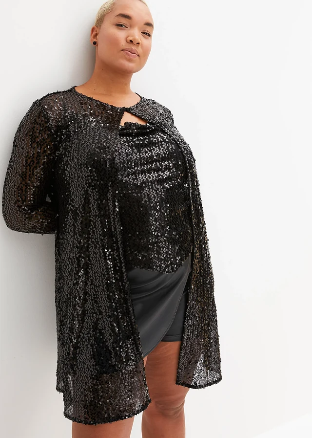 Long gilet à sequins, Couleur: noir