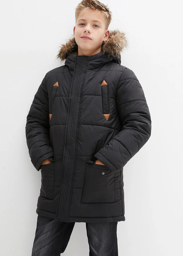 Winterparka met imitatieleer details en capuchon met bontrand, Kleur: zwart