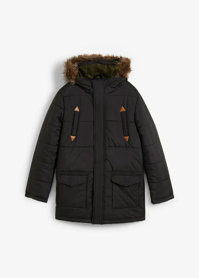 Winterparka met imitatieleer details en capuchon met bontrand