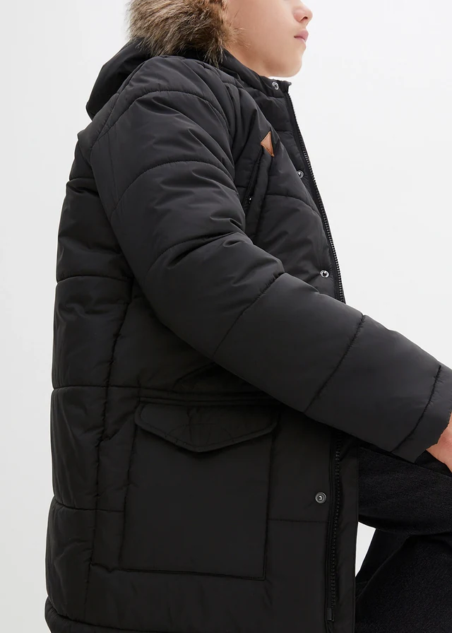 Winterparka met imitatieleer details en capuchon met bontrand • zwart • product-page.page-title-suffix