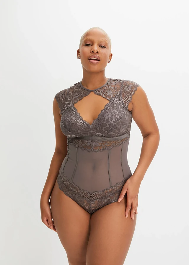 Body met prachtig kant, Kleur: leisteengrijs