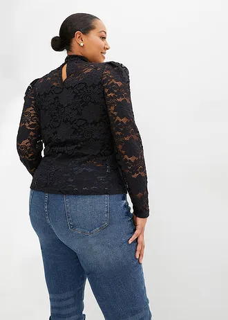 Přiléhavé krajkové tričko s dlouhým rukávem, barva: černá