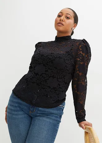 Přiléhavé krajkové tričko s dlouhým rukávem, barva: černá