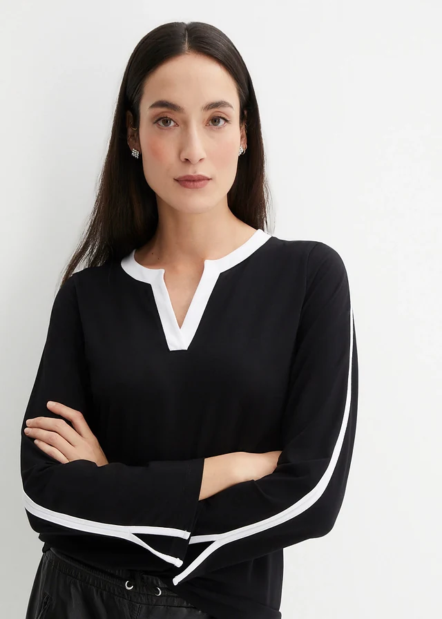 Bluză cu mâneci lungi cu șliț • negru/alb • magazin bonprix