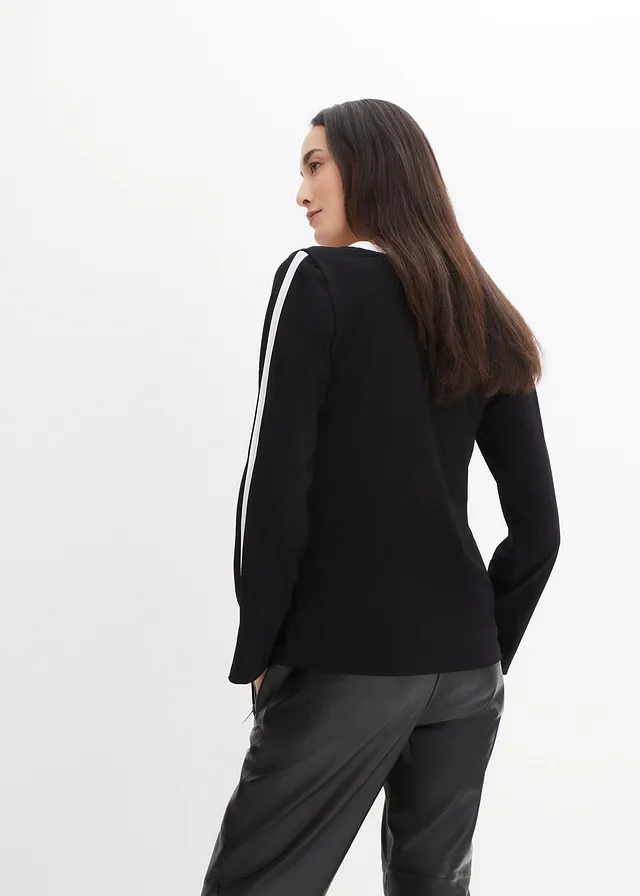 Longsleeve met split, Kleur: zwart/wit
