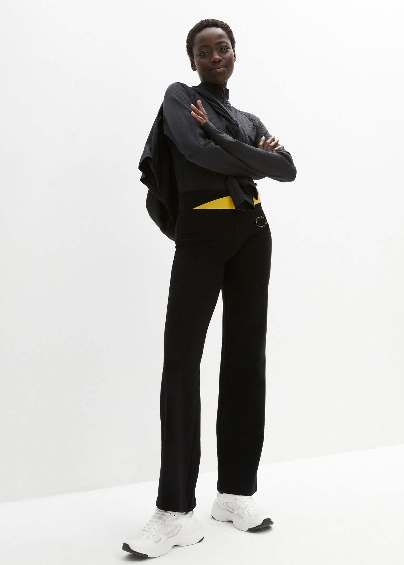 Sportovní bavlněné kalhoty se strečem, Bootcut • černo-citrónově žlutá • bonprix obchod