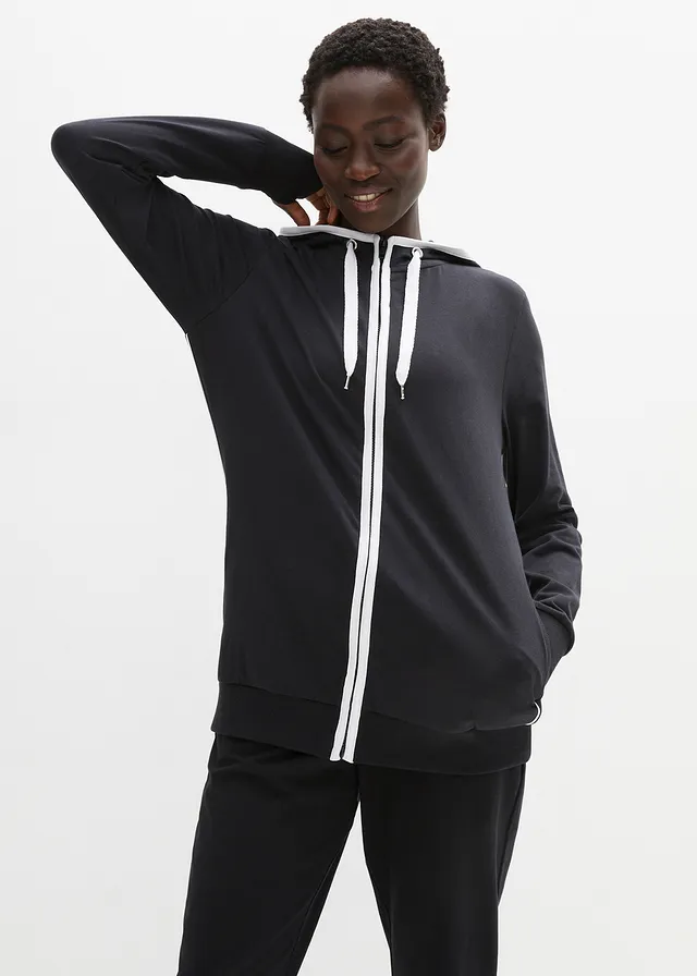 Sweat zippé en coton extensible, Couleur: noir