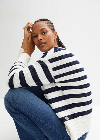 Sweter boxy z dzianiny w ażurowy wzór • ciemnoniebiesko-biel wełny w paski • bonprix obchod